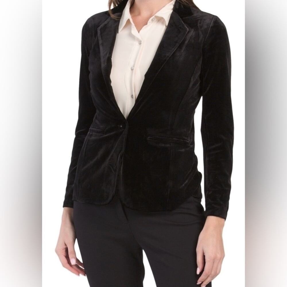 Tahari Luxury Black Velvet Soft One Button Stretch Blazer Size M